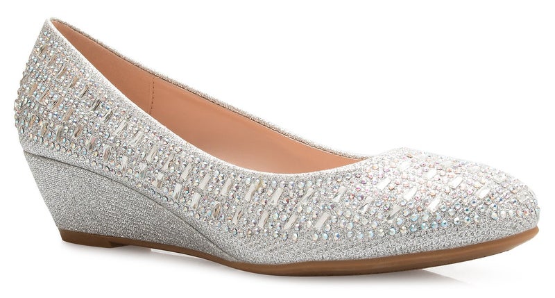 Olivia K Women's Close Round Toe Low Wedge Glitter Rhinestone Comfort Silver - Image 1